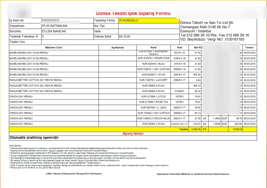 Basılı iplik sipariş formu: malzeme cinsi, renk, parti, net kg ve termin bilgileri
