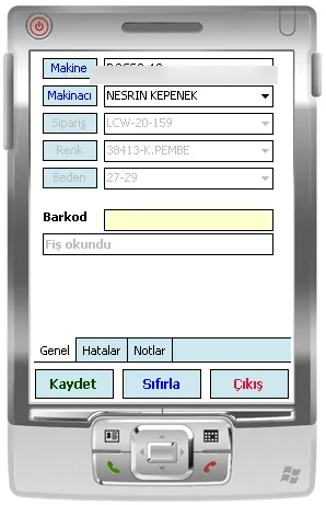 Rosso mobil kalite kontrol ekranı: makine, makinacı ve barkod okutma alanı
