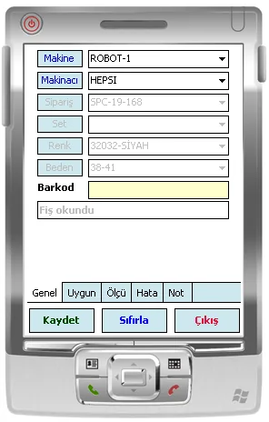 Ütü / paket mobil kalite kontrol ekranı: robot makine seçimi ve barkod okutma formu