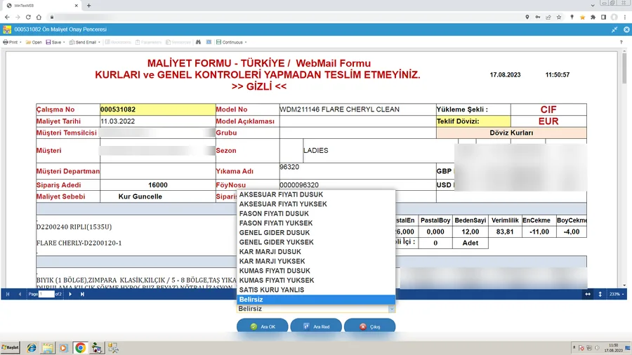 Ön maliyet onay penceresi: maliyet formu ve ret sebebi seçim listesi