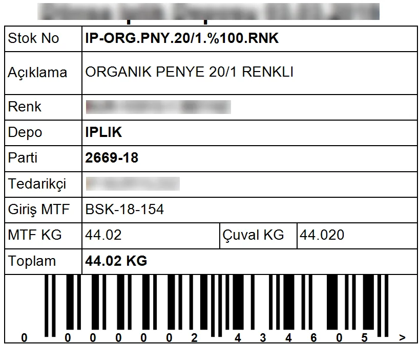 İplik deposu barkod etiketi: stok kodu, parti, tedarikçi ve kilogram bilgisiyle basılan etiket