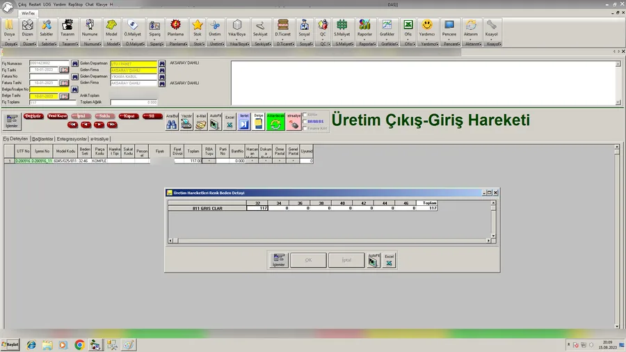 Üretim çıkış-giriş hareketi ekranı: renk ve beden detayıyla gerçekleşen üretim miktarları